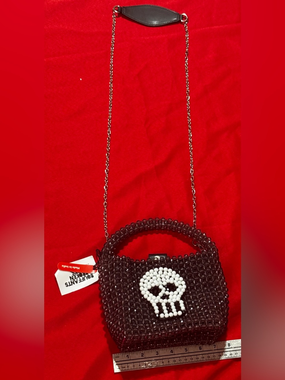 Beaded Mini Top-Handle Bag with White Skull Accent - Black